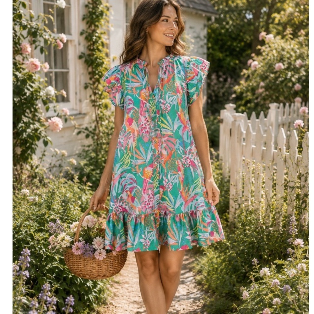 Michelle McDowell‎  Parrot Print Ruffle  Dress Green Pink Floral S cottagecore